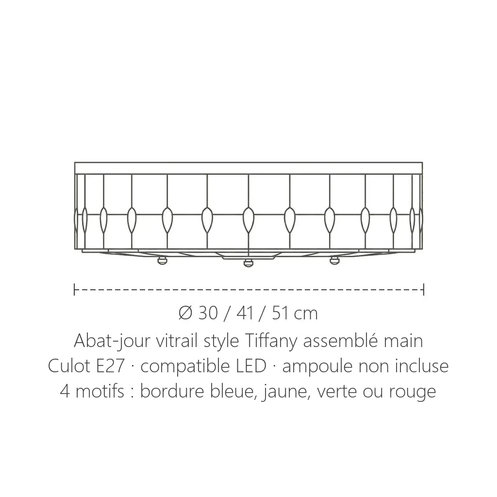 Dimensions du plafonnier vitrail style Tiffany : Ø 30, 41 ou 51 cm
