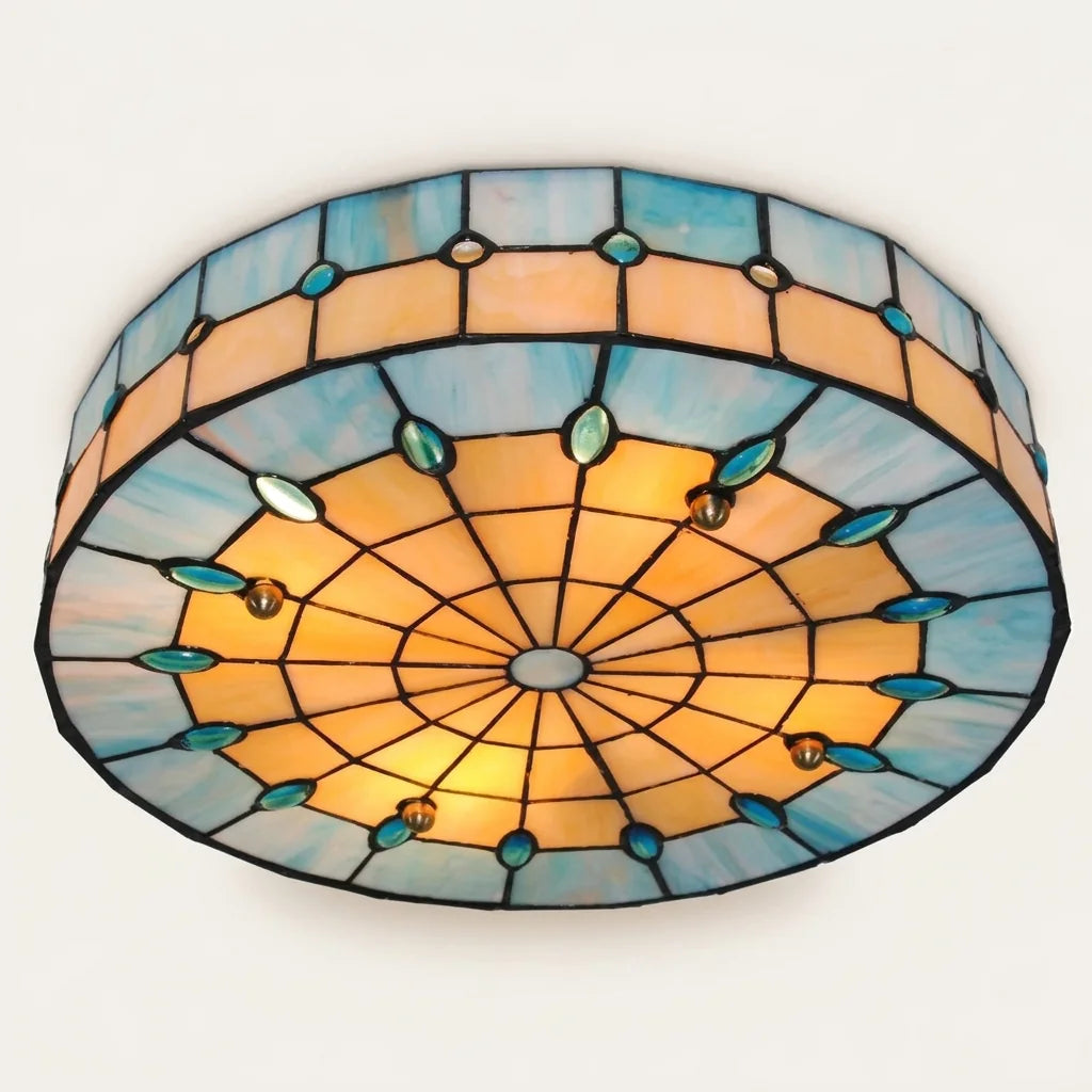 Plafonnier vitrail style Tiffany à bordure bleue et cœur ambré