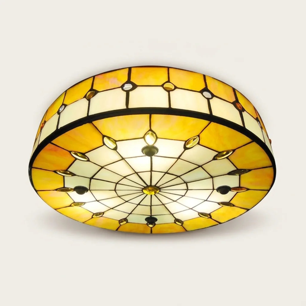 Plafonnier vitrail style Tiffany à bordure jaune