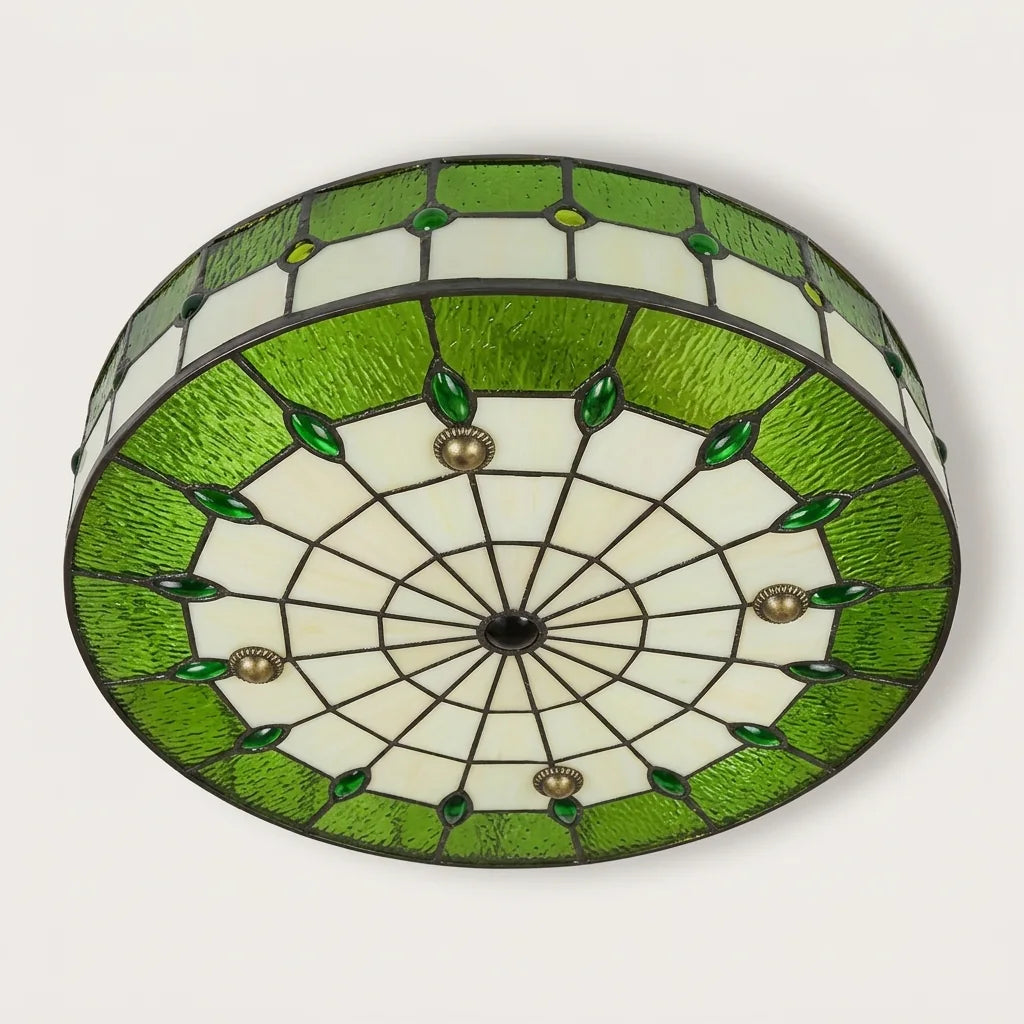 Plafonnier vitrail style Tiffany à bordure verte