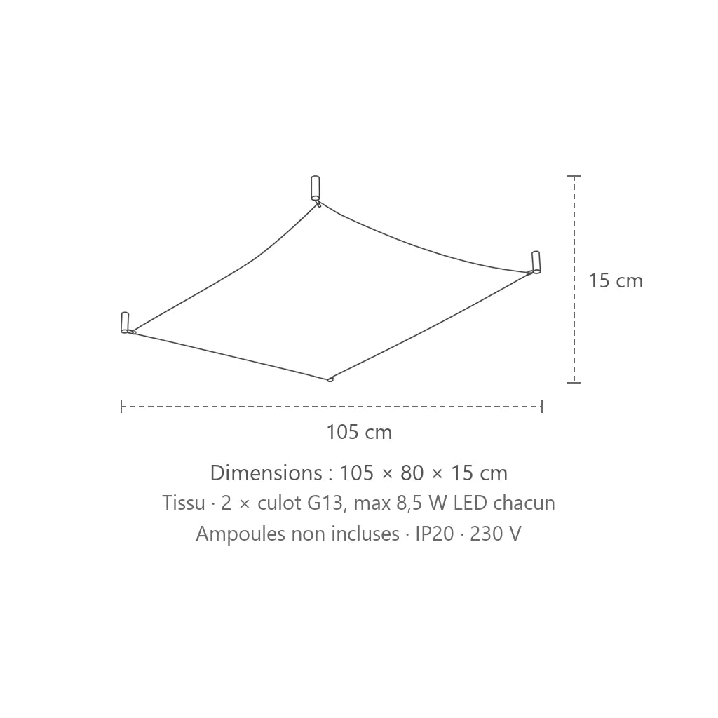 Dimensions : plafonnier voile en tissu blanc (105 × 80 cm – 2 tubes), 105 × 80 × 15 cm