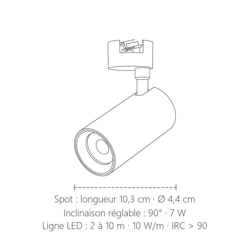 Dimensions du spot sur rail : longueur 10,3 cm, Ø 4,4 cm, ligne LED de 2 à 10 m