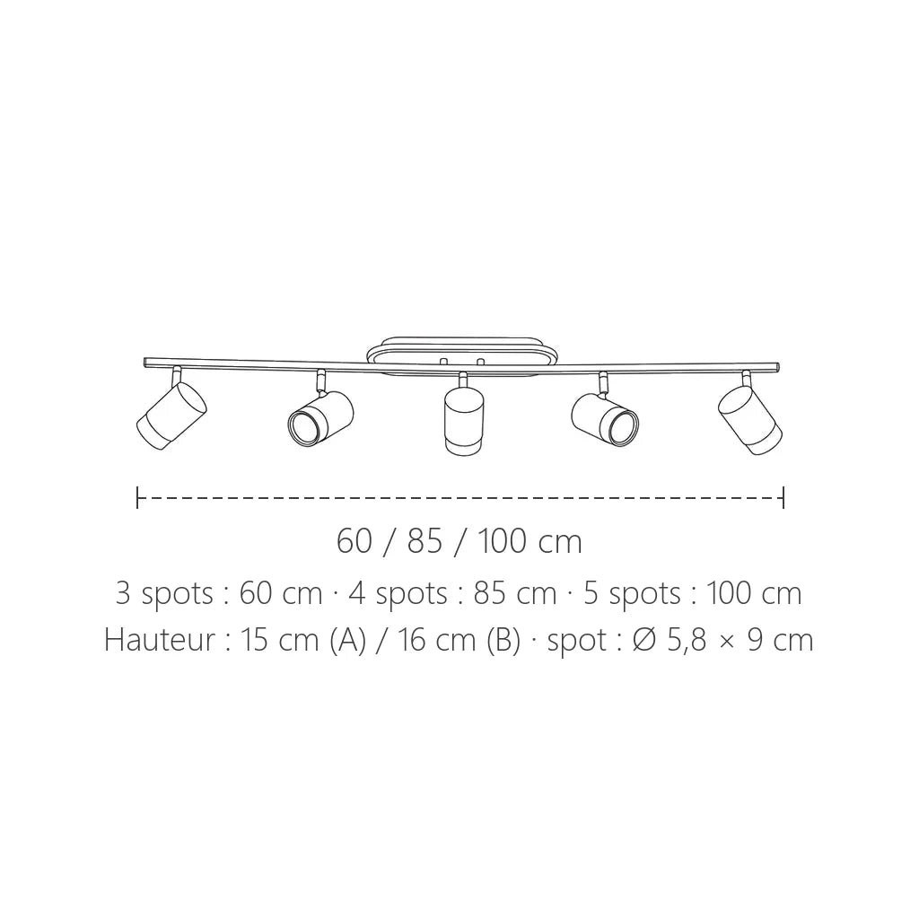 Dimensions de la rampe de spots LED : 60, 85 ou 100 cm