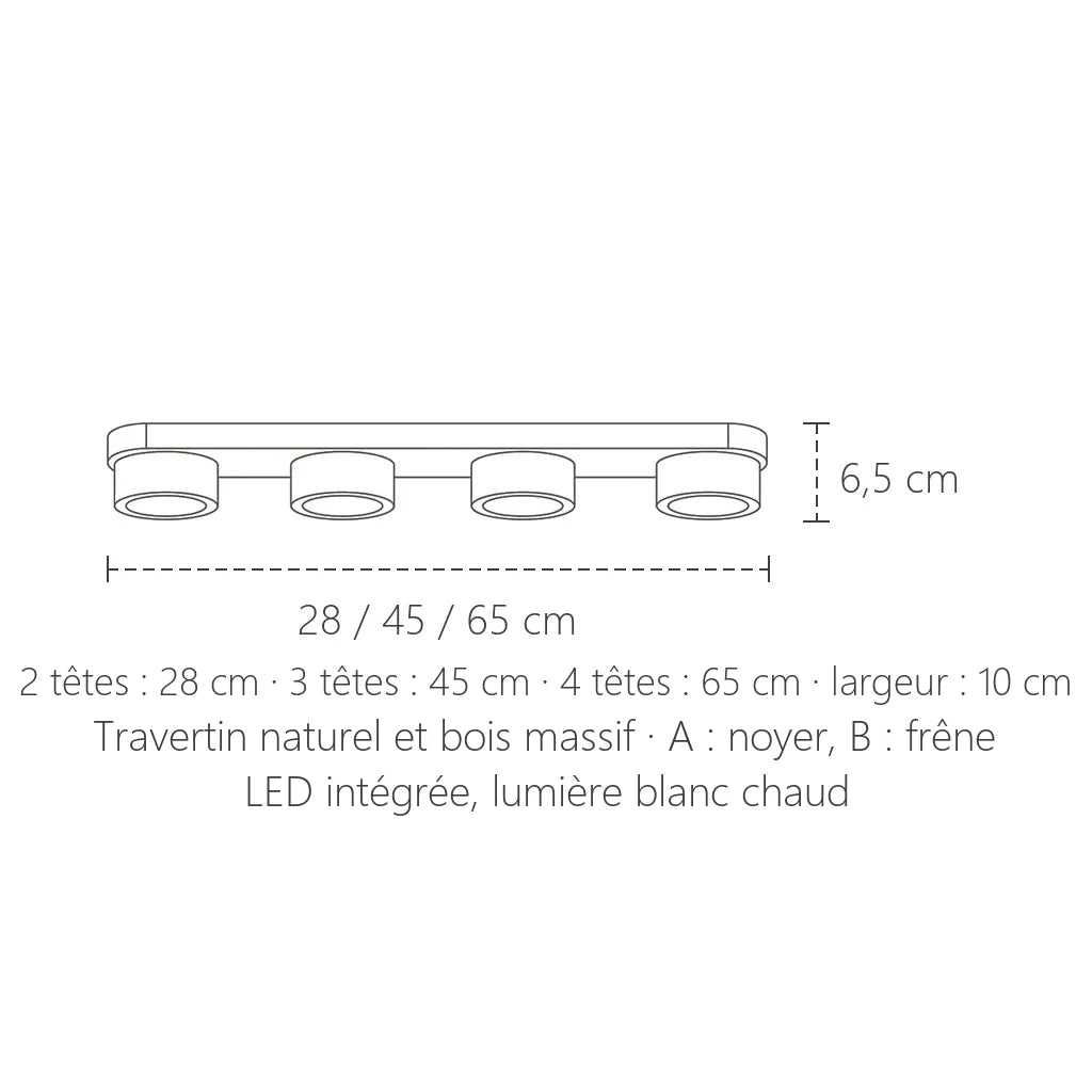 Dimensions de la rampe de spots travertin et bois : 28, 45 ou 65 cm, hauteur 6,5 cm