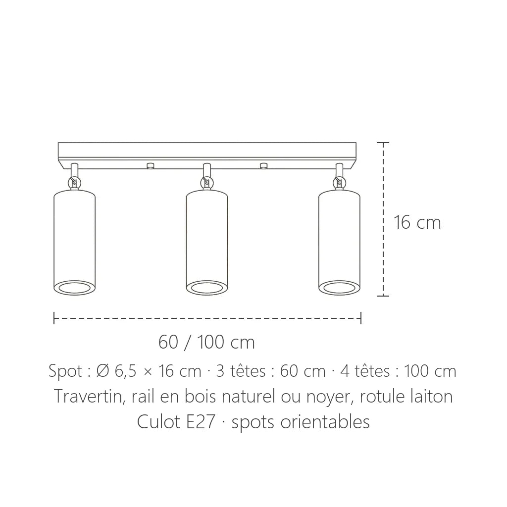Dimensions de la rampe de spots en travertin : 60 ou 100 cm, spots Ø 6,5 × 16 cm