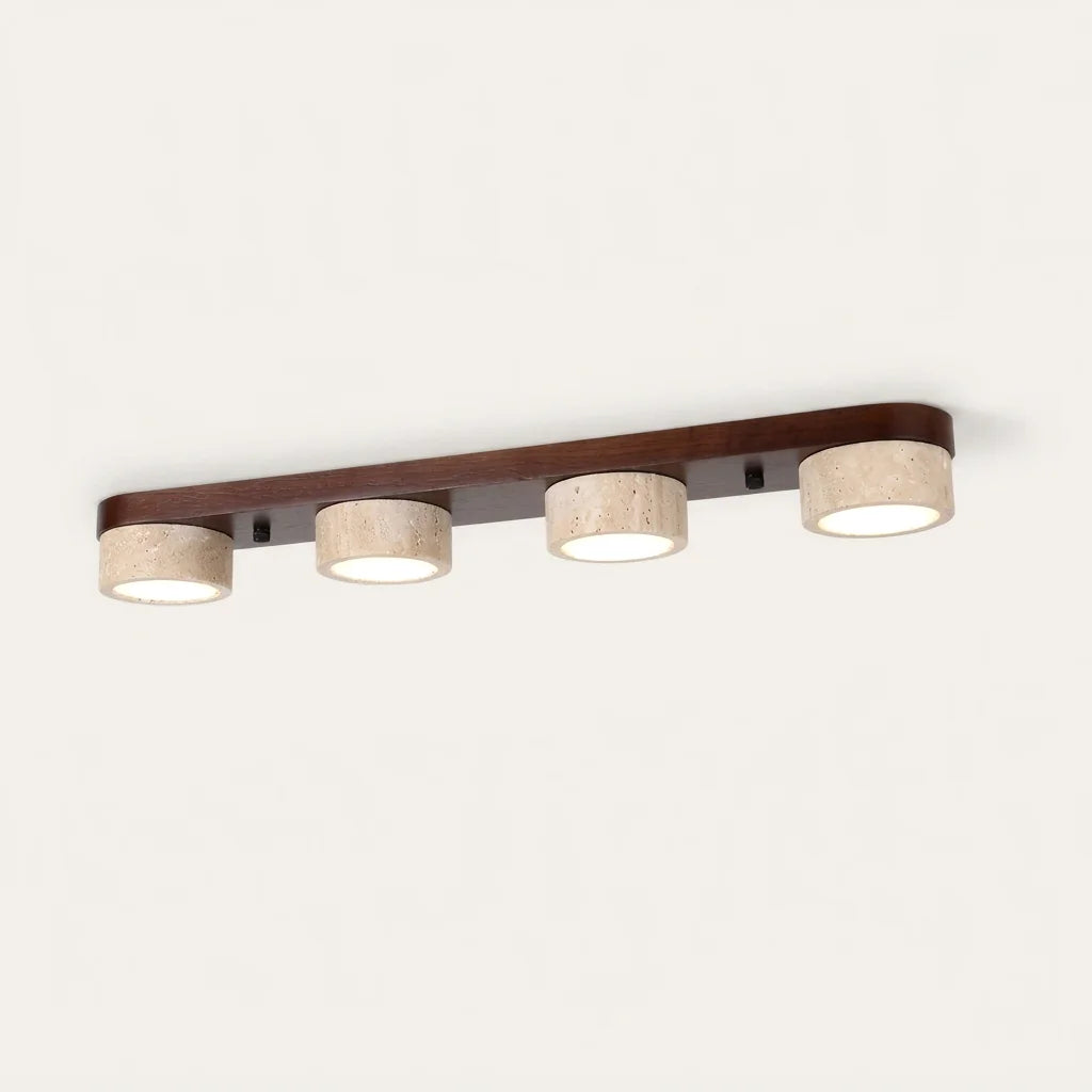 Rampe 4 spots en travertin sur support en noyer