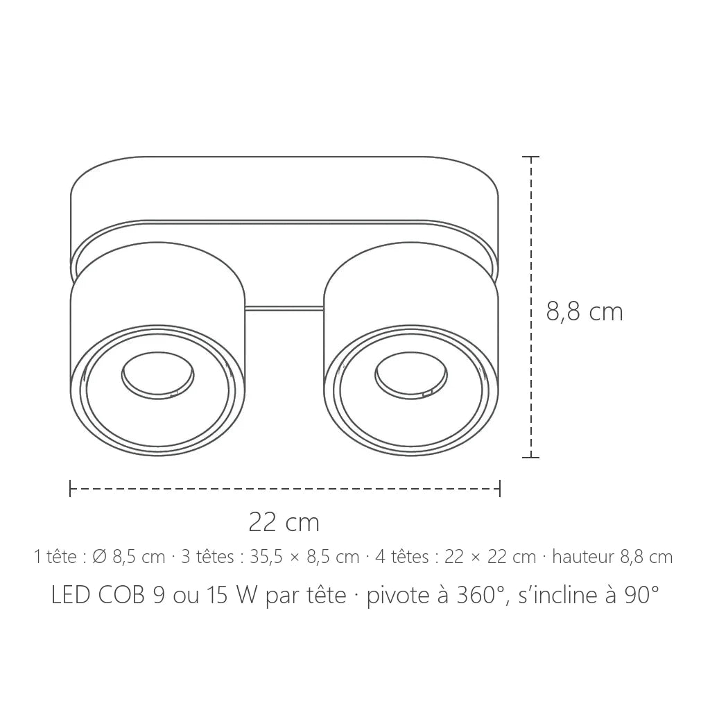 Dimensions du spot COB orientable 2 têtes : 22 × 8,8 cm