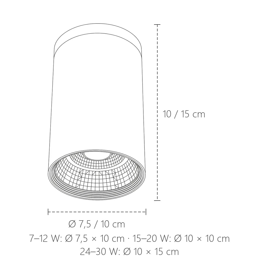 Dimensions du spot LED COB : Ø 7,5 ou 10 cm, 10 ou 15 cm de haut