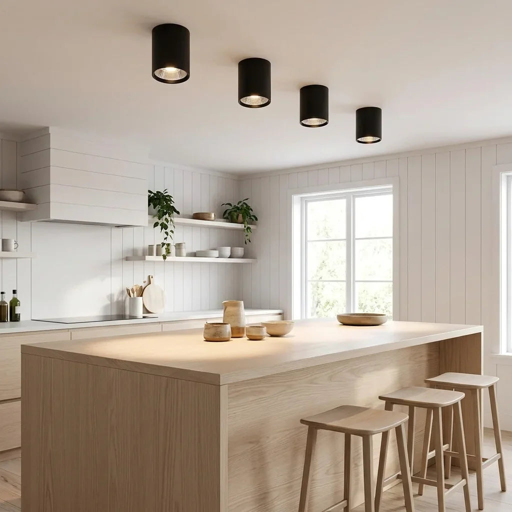 Spots LED COB noirs au-dessus d’un îlot de cuisine scandinave