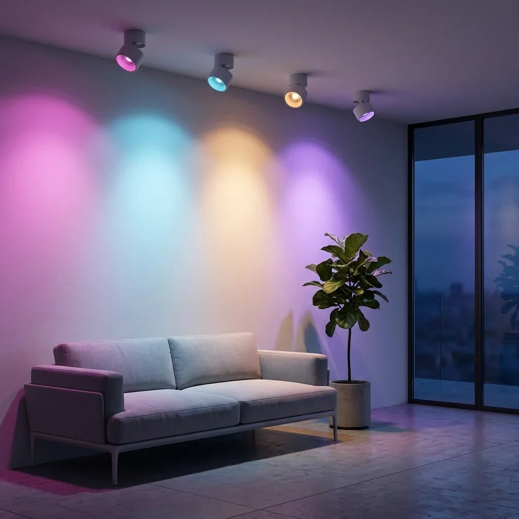 Lumière colorée projetée au mur par des spots connectés