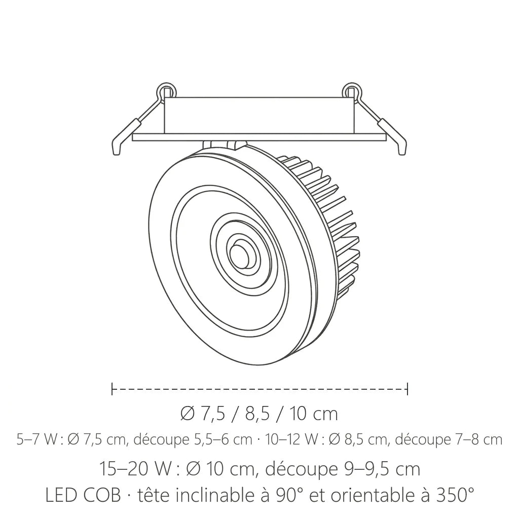 Dimensions du spot LED encastrable orientable : Ø 7,5, 8,5 ou 10 cm