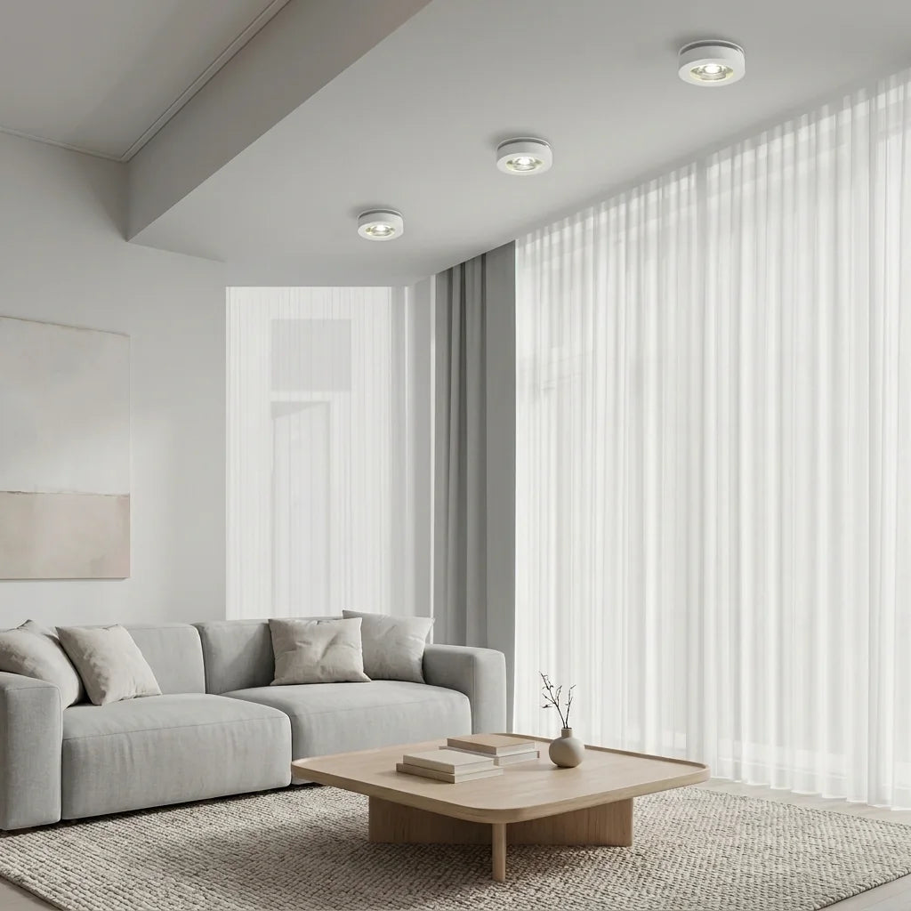 Spots encastrables au plafond d’un salon lumineux