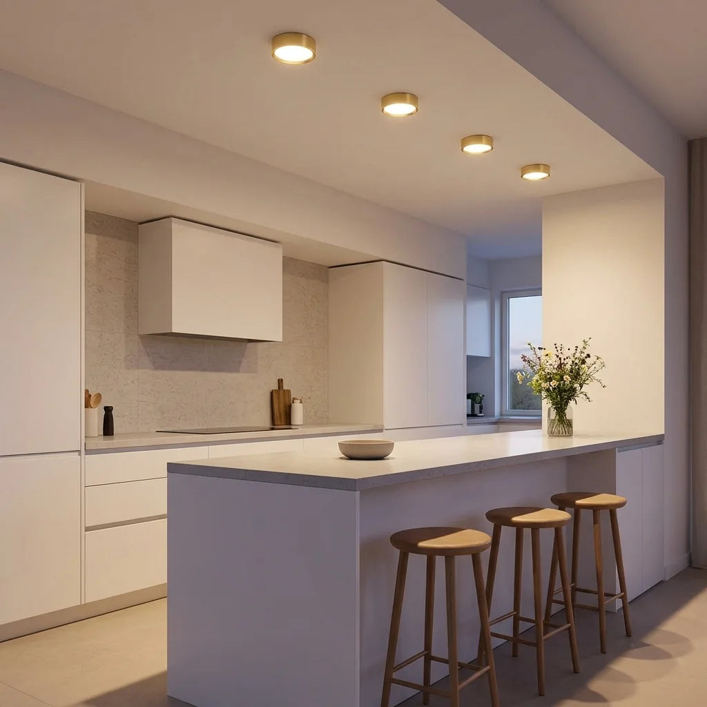 Rangée de spots LED dorés au-dessus d’un îlot de cuisine