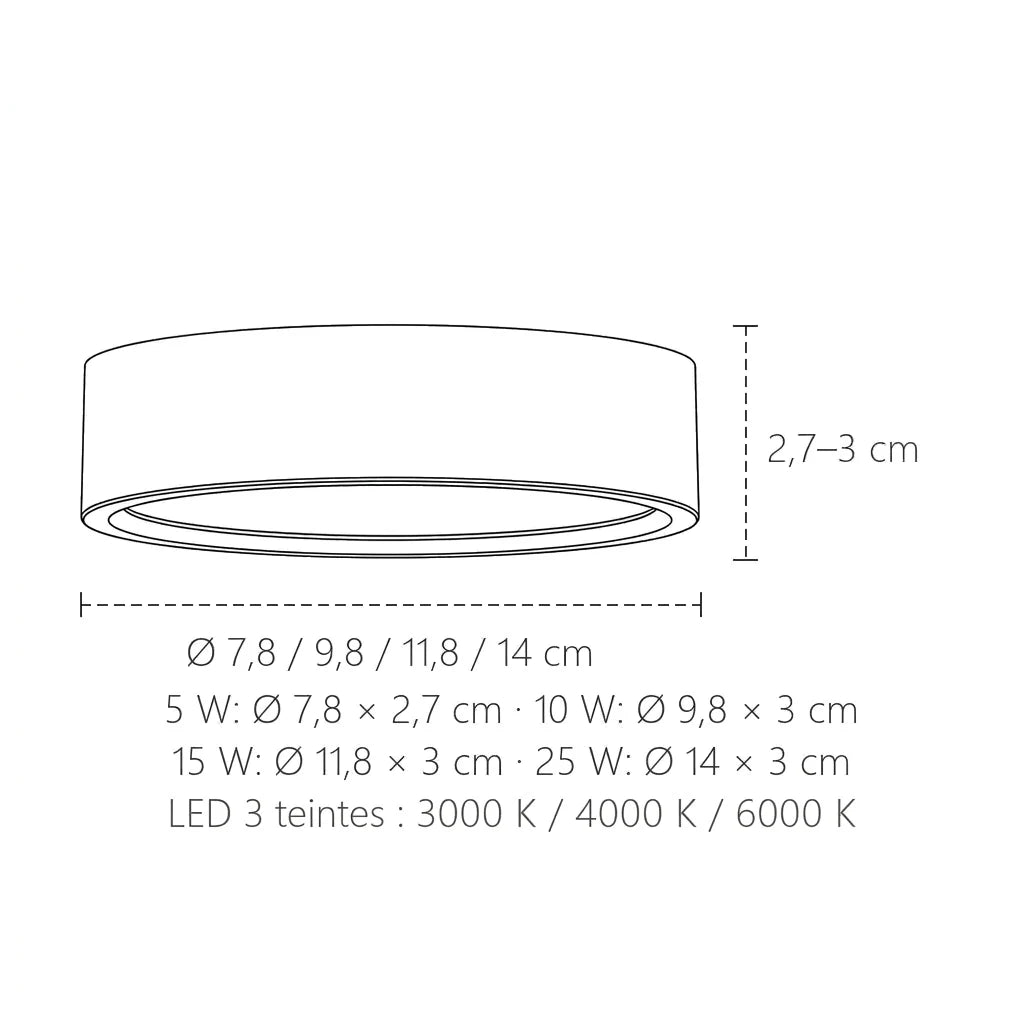 Dimensions du spot LED en saillie doré : Ø 7,8 à 14 cm, 2,7 à 3 cm d’épaisseur