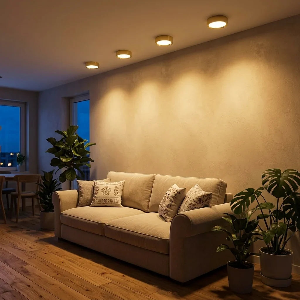 Spots LED dorés en saillie dans un salon chaleureux