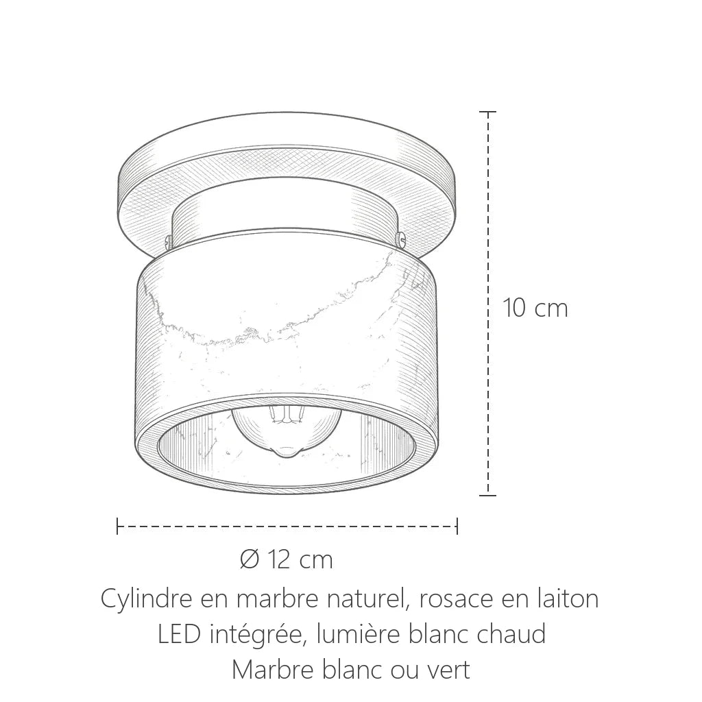 Dimensions du spot en marbre et laiton : Ø 12 cm, hauteur 10 cm
