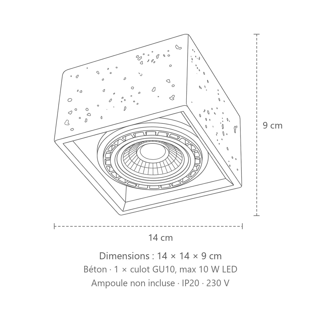 Dimensions : spot plafond carré en béton (1 spot), 14 × 14 × 9 cm
