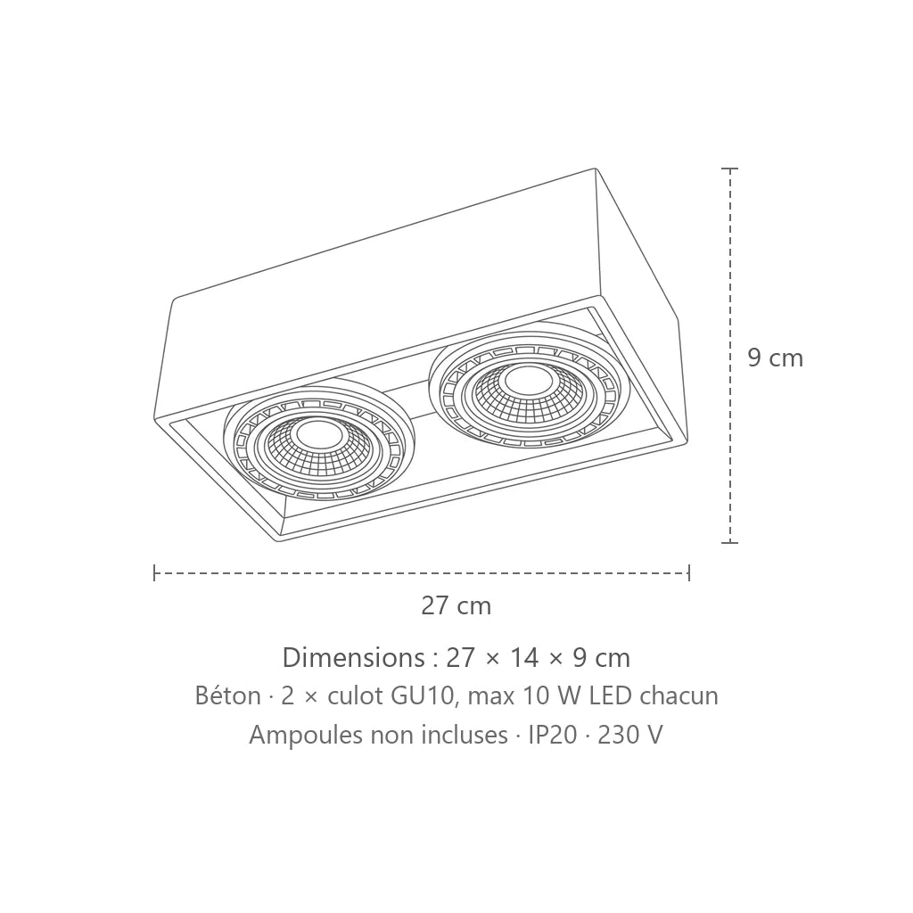 Dimensions : spot plafond carré en béton (2 spots), 27 × 14 × 9 cm