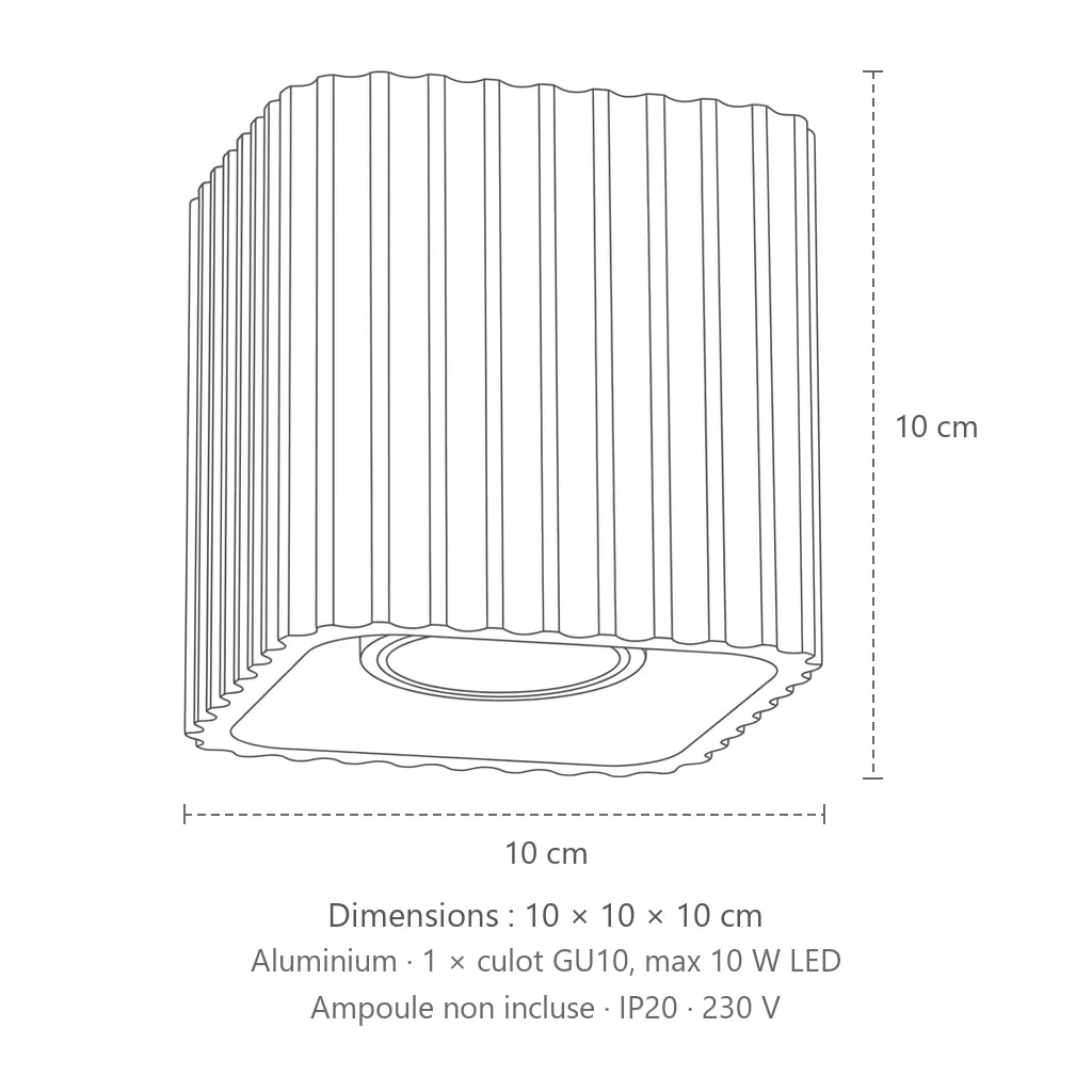 Dimensions : spot plafond carré cannelé en saillie (1 spot – GU10), 10 × 10 × 10 cm