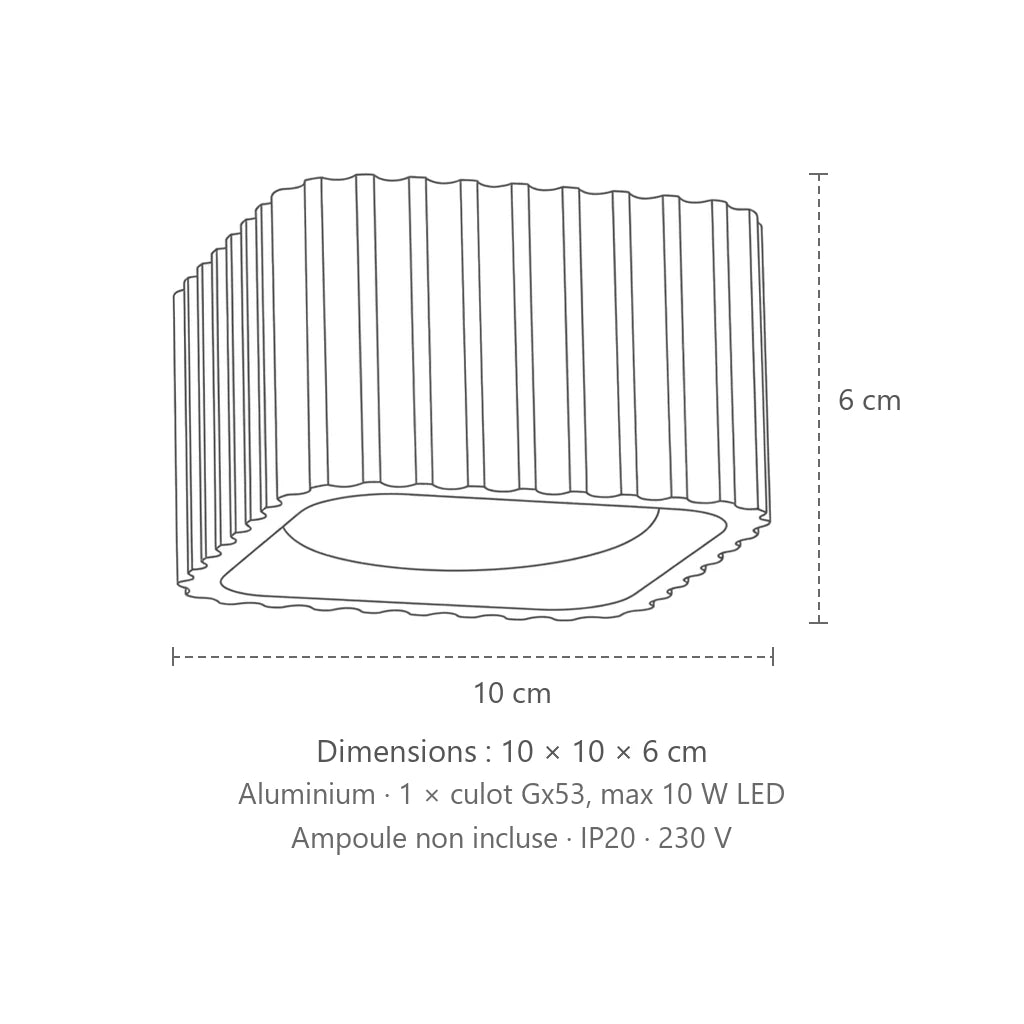 Dimensions : spot plafond carré cannelé en saillie (1 spot – GX53), 10 × 10 × 6 cm