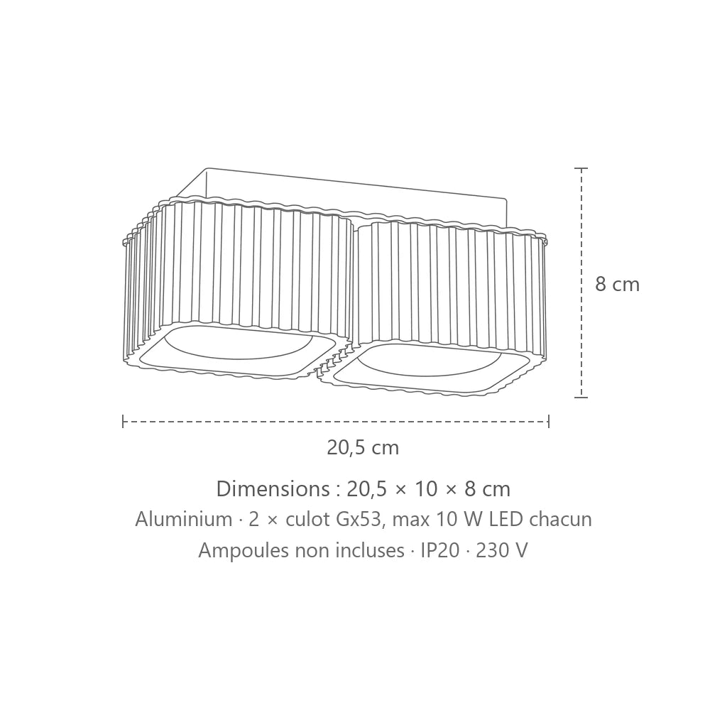 Dimensions : spot plafond carré cannelé en saillie (2 spots – GX53), 20,5 × 10 × 8 cm