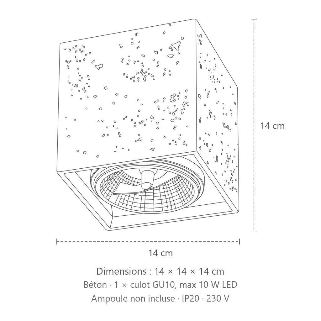 Dimensions : spot plafond cube en béton 14 cm, 14 × 14 × 14 cm