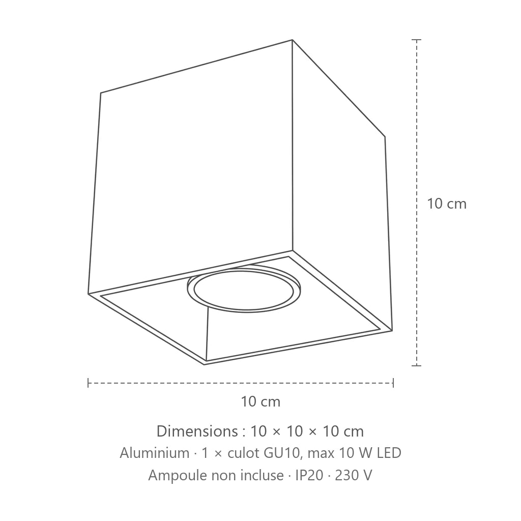 Dimensions : spot plafond cube en saillie (1 spot – aluminium), 10 × 10 × 10 cm