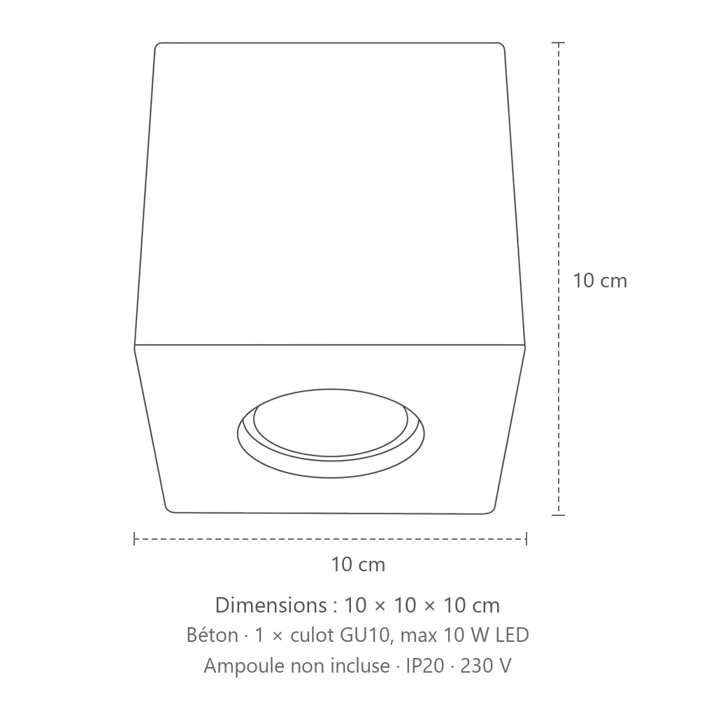 Dimensions : spot plafond cube en saillie (1 spot – béton), 10 × 10 × 10 cm