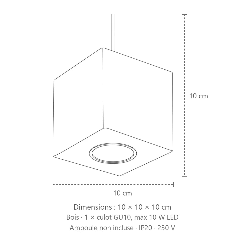 Dimensions : spot plafond cube en saillie (1 spot – bois), 10 × 10 × 10 cm
