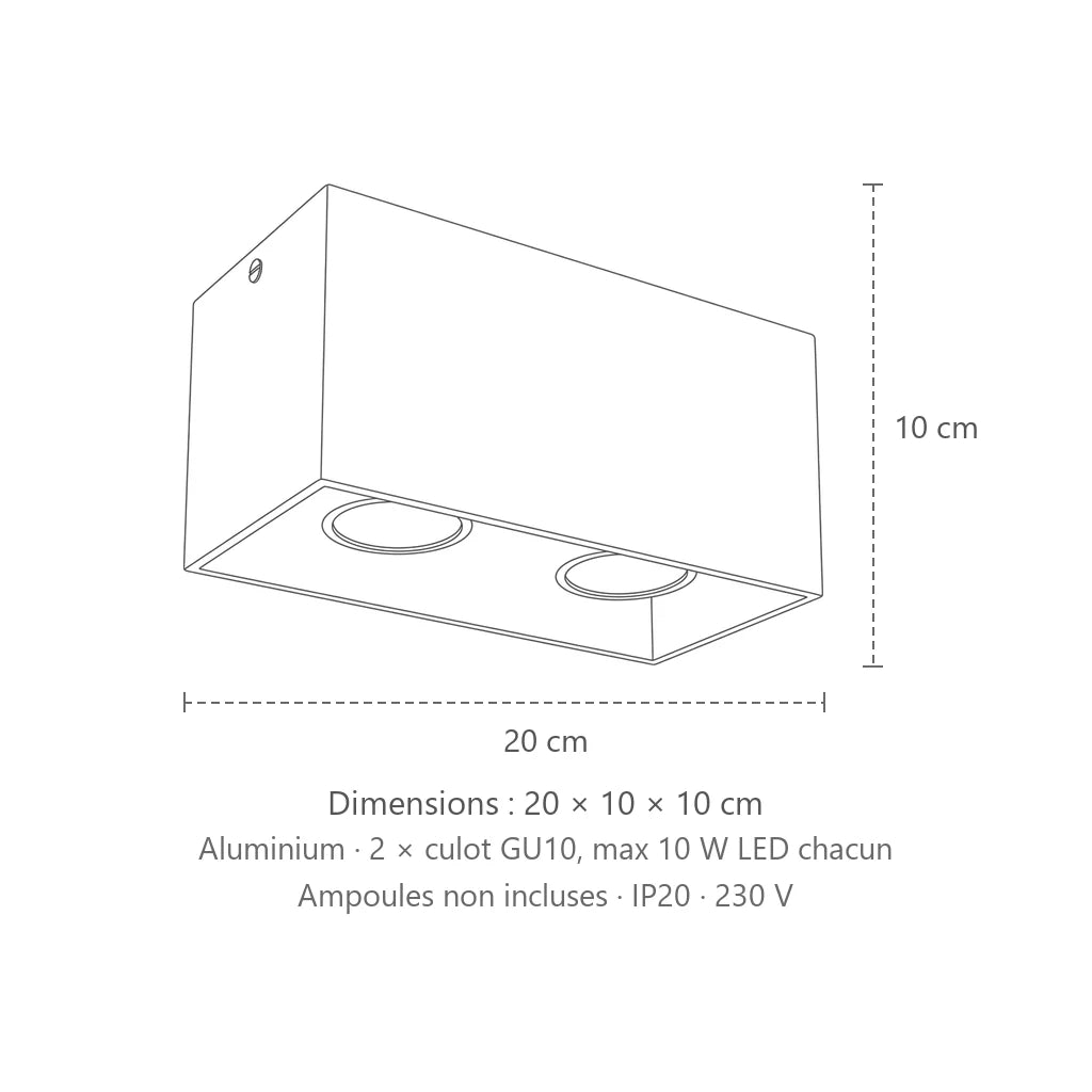 Dimensions : spot plafond cube en saillie (2 spots – aluminium – 20 × 10 cm), 20 × 10 × 10 cm