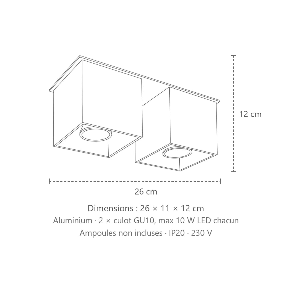 Dimensions : spot plafond cube en saillie (2 spots – aluminium – 26 × 11 cm), 26 × 11 × 12 cm