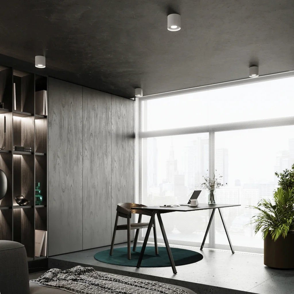 Spot plafond cylindre en aluminium dans un salon