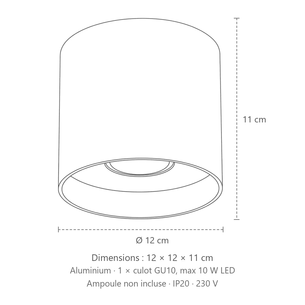 Dimensions : spot plafond cylindre en aluminium, 12 × 12 × 11 cm
