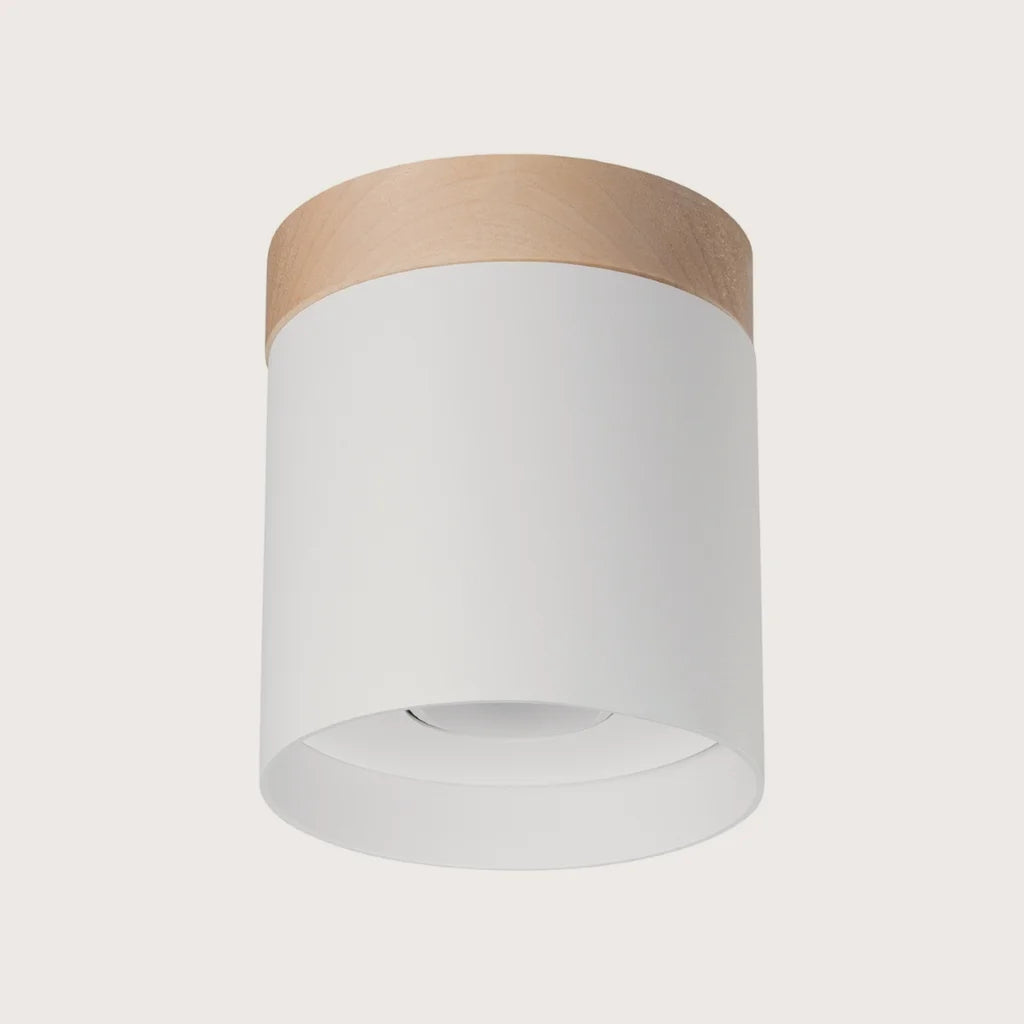 Spot plafond cylindre aluminium et bois, coloris blanc et bois naturel