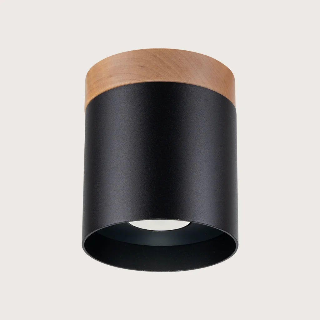 Spot plafond cylindre aluminium et bois, coloris noir et bois naturel