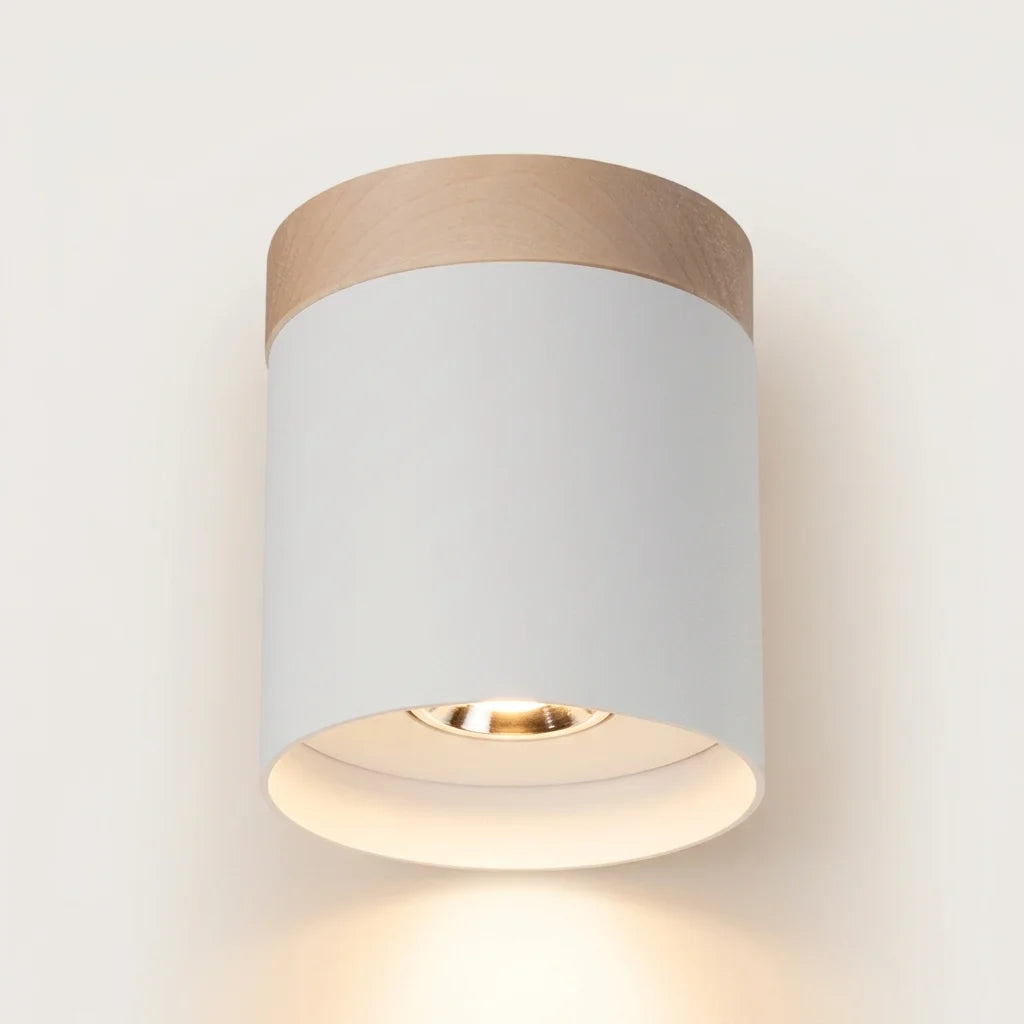 Spot plafond cylindre aluminium et bois allumé