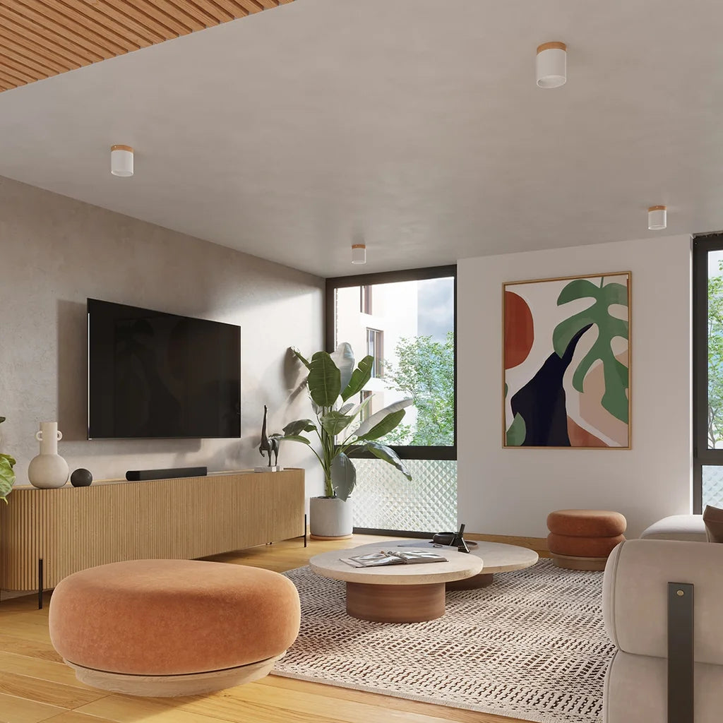 Spot plafond cylindre aluminium et bois dans un salon