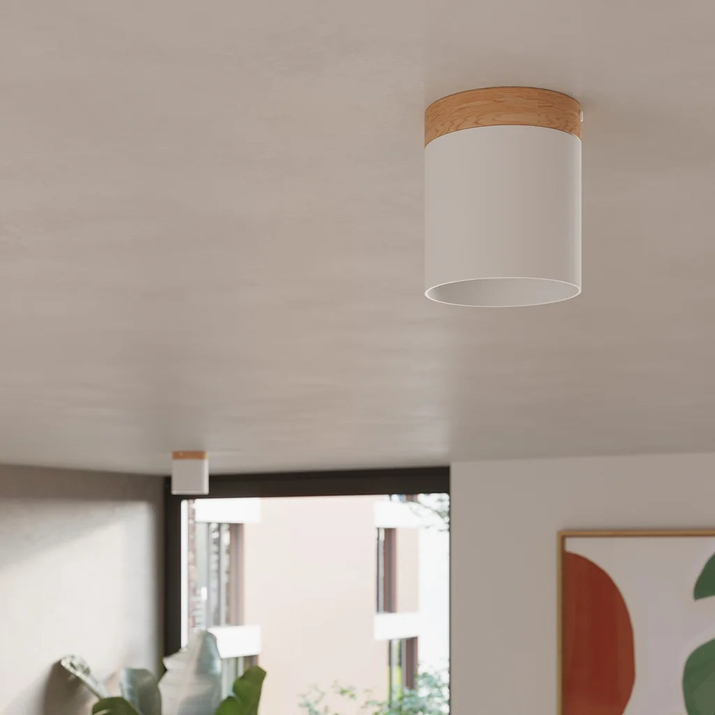 Spot plafond cylindre aluminium et bois dans un salon