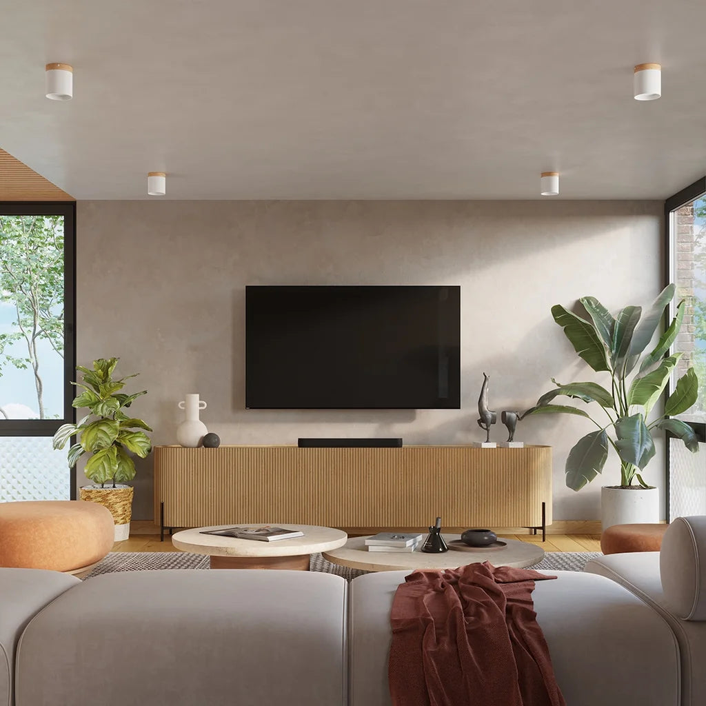 Spot plafond cylindre aluminium et bois dans un salon