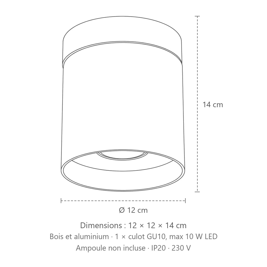 Dimensions : spot plafond cylindre aluminium et bois, 12 × 12 × 14 cm