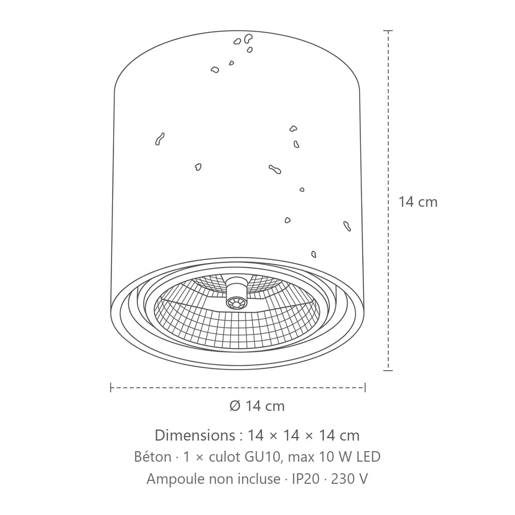 Dimensions : spot plafond cylindre en béton ø 14 cm, 14 × 14 × 14 cm