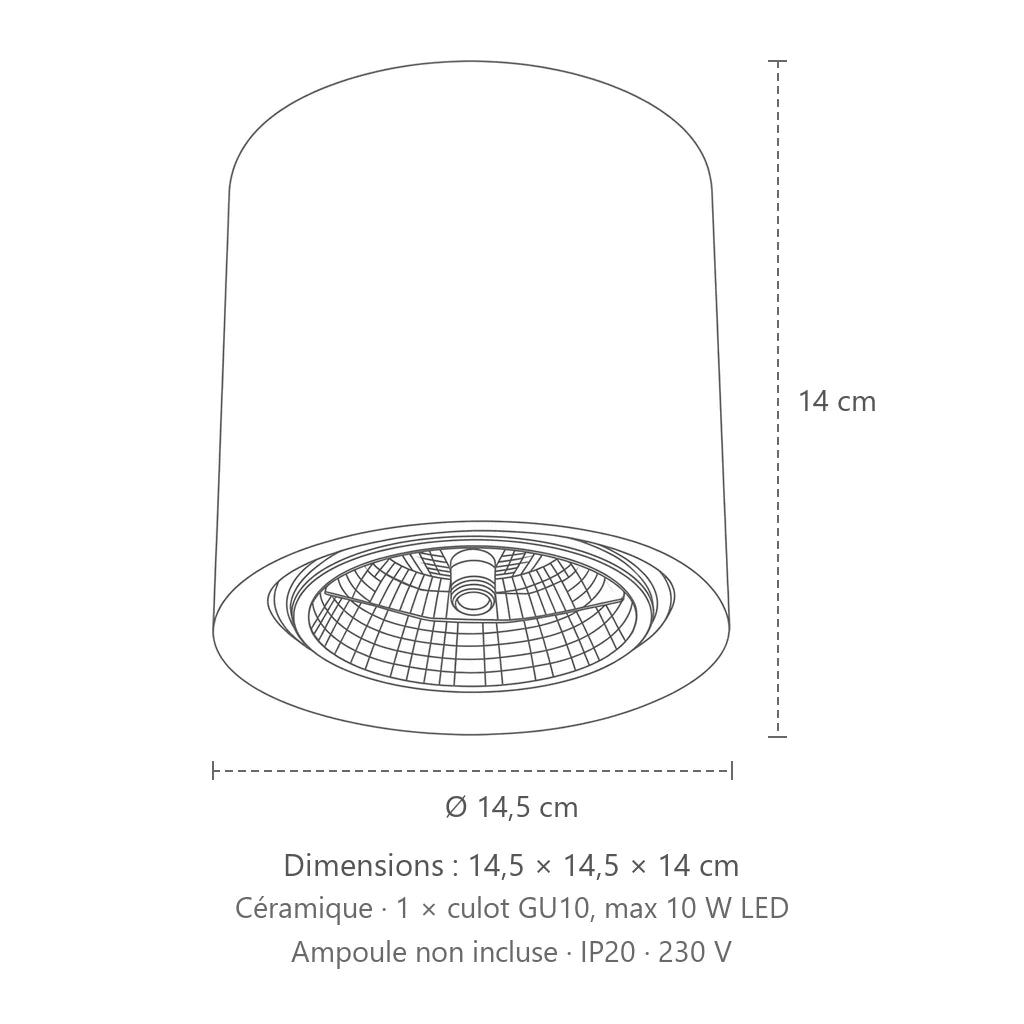 Dimensions : spot plafond cylindre en céramique blanche, 14,5 × 14,5 × 14 cm