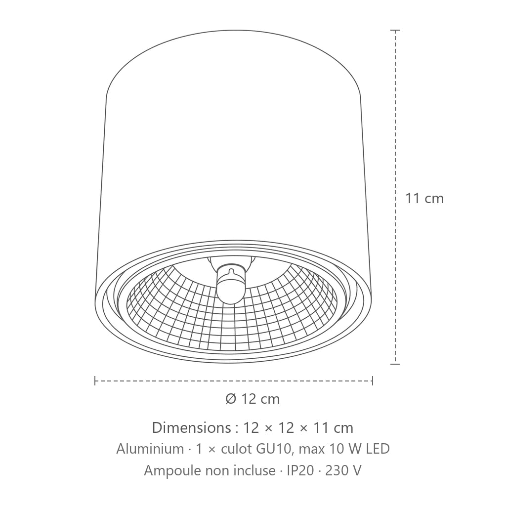 Dimensions : spot plafond cylindre large ø 12 cm, 12 × 12 × 11 cm
