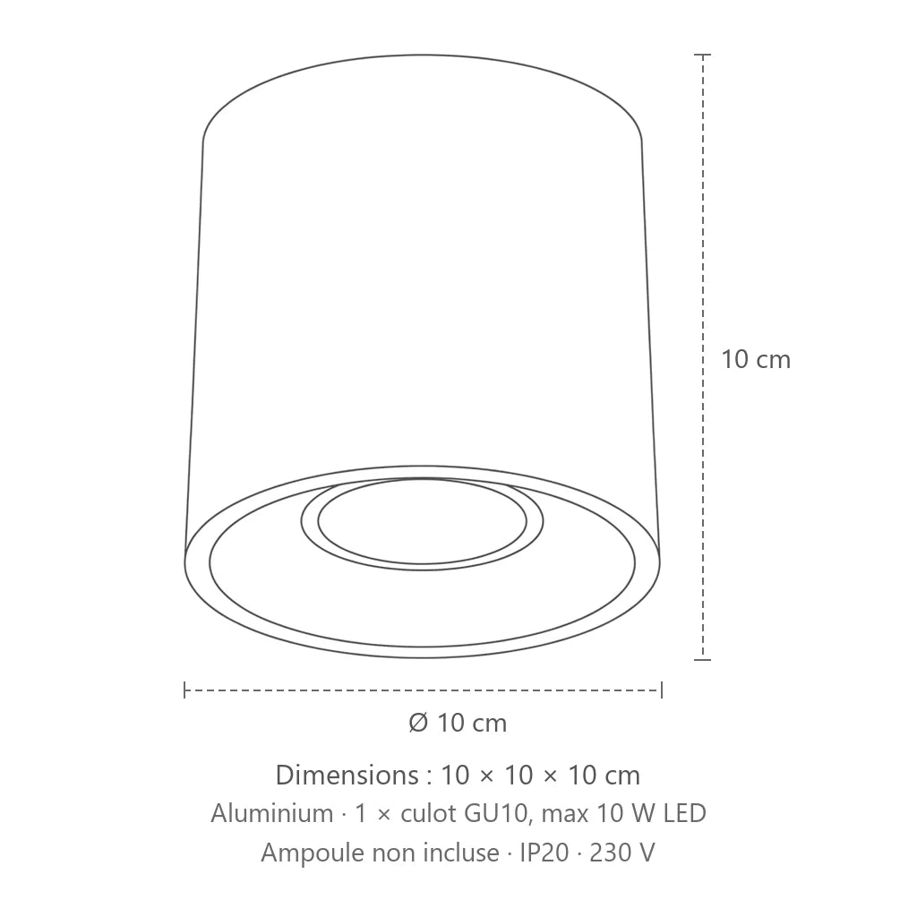 Dimensions : spot plafond cylindre en saillie (1 spot – aluminium), 10 × 10 × 10 cm