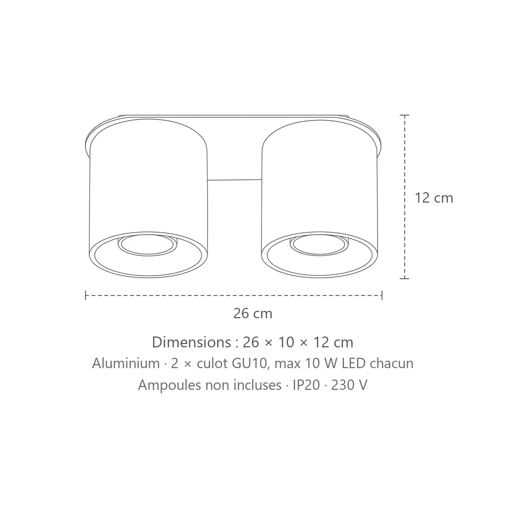 Dimensions : spot plafond cylindre en saillie (2 spots – aluminium), 26 × 10 × 12 cm