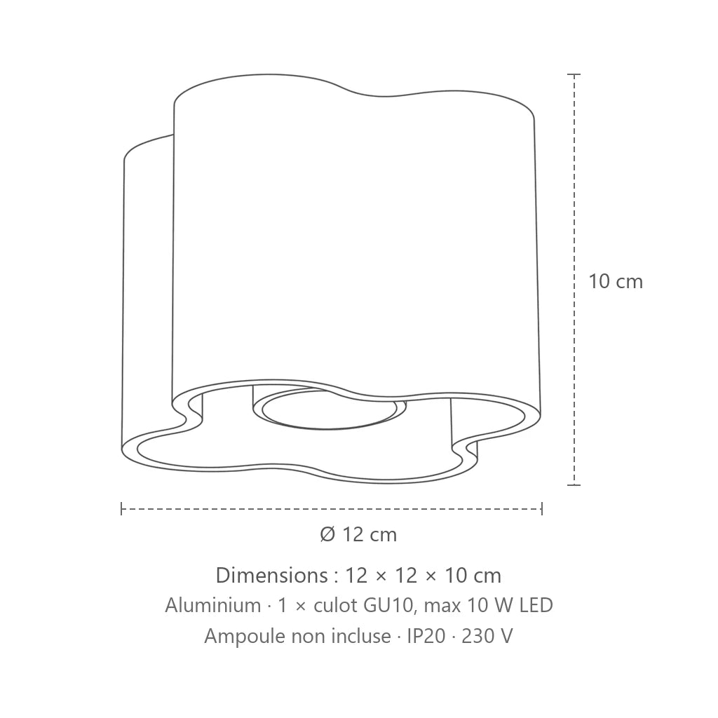 Dimensions : spot plafond forme nuage en saillie (1 spot – GU10), 12 × 12 × 10 cm