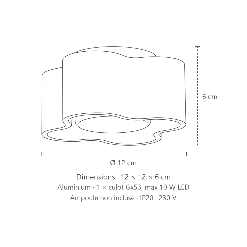 Dimensions : spot plafond forme nuage en saillie (1 spot – GX53), 12 × 12 × 6 cm