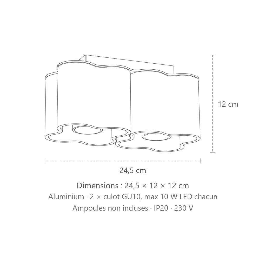 Dimensions : spot plafond forme nuage en saillie (2 spots – GU10), 24,5 × 12 × 12 cm
