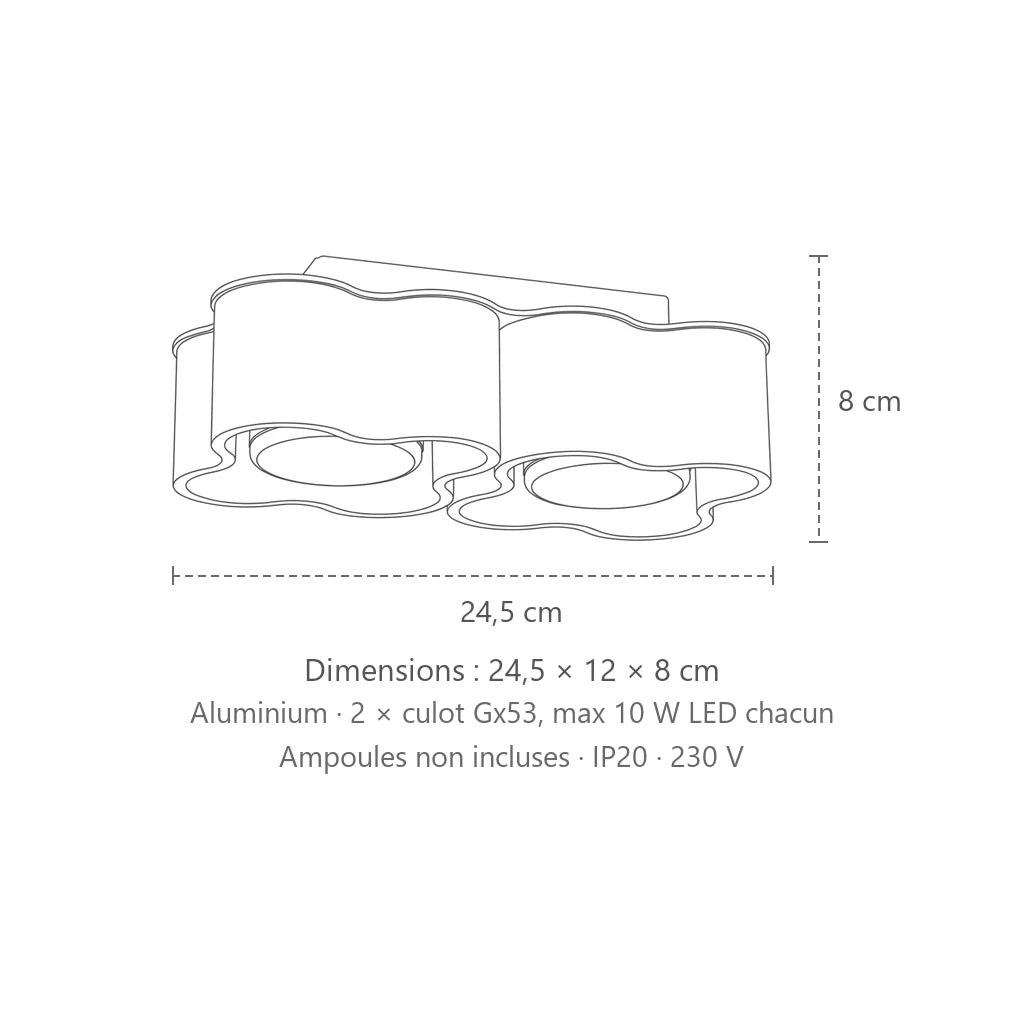 Dimensions : spot plafond forme nuage en saillie (2 spots – GX53), 24,5 × 12 × 8 cm