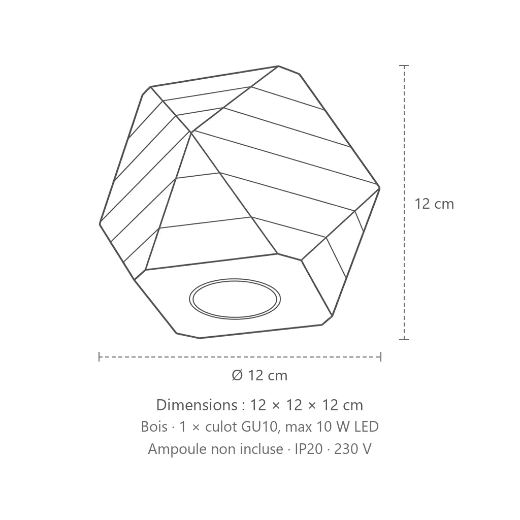 Dimensions : spot plafond géométrique en bois naturel, 12 × 12 × 12 cm